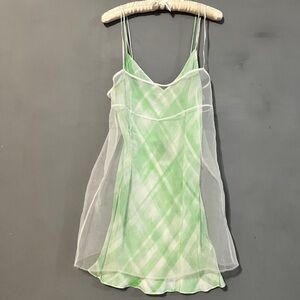 Green & White Coquette Slip Dress NWT Zara Plaid Sheer Layer Zipper Women's sz L
